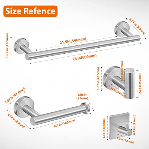 Tudoccy 5-Pieces Bathroom Hardware Set Brushed Nickel SUS304 Stainless Steel Round Wall Mounted - Includes 24" Hand Towel Bar, Toilet Paper Holder, 3 Robe Towel Hooks, Bathroom Accessories Kit - color: Brushed Nickel, size: 24 Inch 5 pcs
