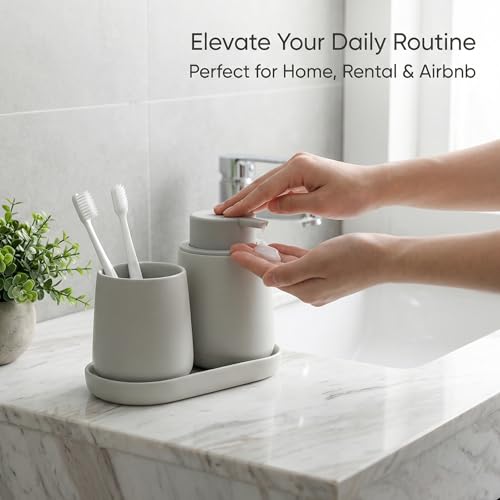 BosilunLife Ceramic Bathroom Accessories Set 3 Pcs, Foaming Soap Dispenser and Toothbrush Holder with Tray, Modern Farmhouse Vanity Decor, Light Grey Housewarming Gift - color: Light Grey, style: Foam