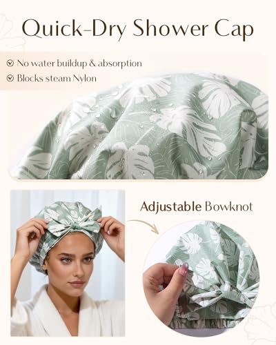 Yanibest Shower Cap for Women Reusable Waterproof, Adjustable Non-Slip Shower Hair Cap, Washable Bath Hat for Long Hair (Green) - color: Green