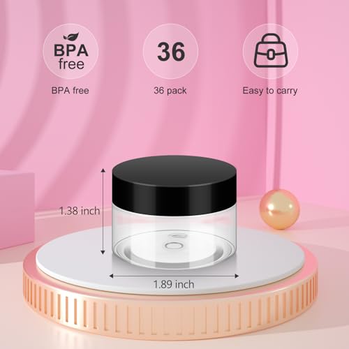 Loretoy 36 Pack 1 OZ Plastic Jars with Lids, BPA Free, Reusable, Refillable Transparent Cosmetic Containers for Bath Salts, Cosmetics, Powders, Beauty Product and Small Accessories - color: Black, size: 1 Ounce
