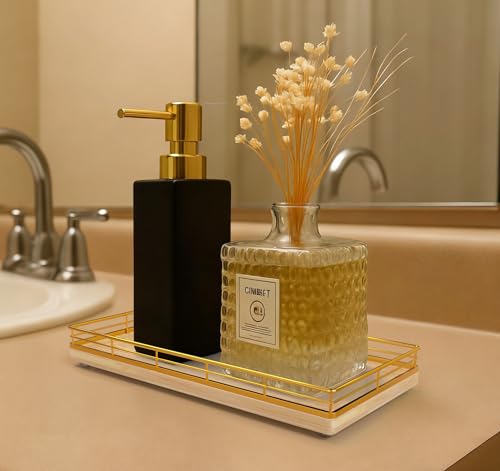 Bathroom Vanity Tray for Countertop, 12" x 6" Oak Wood Toilet Tank Tray | Metal Guardrail, Bathroom Organizer for Soap, Perfume & Skincare, Non-Slip Decorative Tray for Dresser, Gold & Natural Oak - color: Natural, size: 12" x 6" x 1.5"