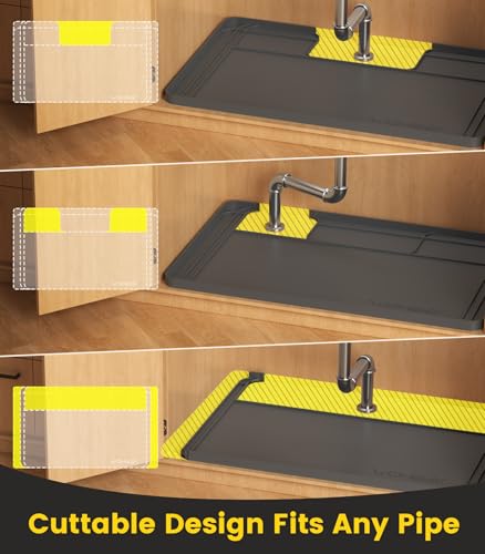 Under Sink Mats for Kitchen Waterproof, 34" X 22" Or Smaller Cut to Fit Under Sink Drip Tray for Kitchen Bathroom Cabinets, Silicone Liner Hold Up to 3.3 Gallons Liquid - Grey - color: Gray