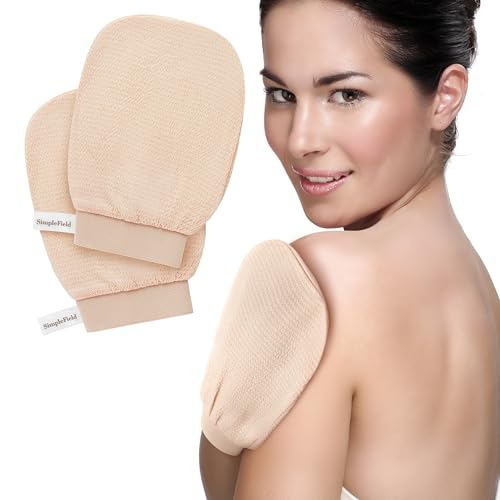 SimpleField Korean Exfoliating Mitt for Remove Dead Skin. 2 Pack 100% Viscose Kessa Deep Exfoliating Gloves for Body Scrub, Keratosis Pilaris & Self Tanning Removal. Smooth Skin Surface. (Muted Peach) - style: 2 Piece Muted Peach