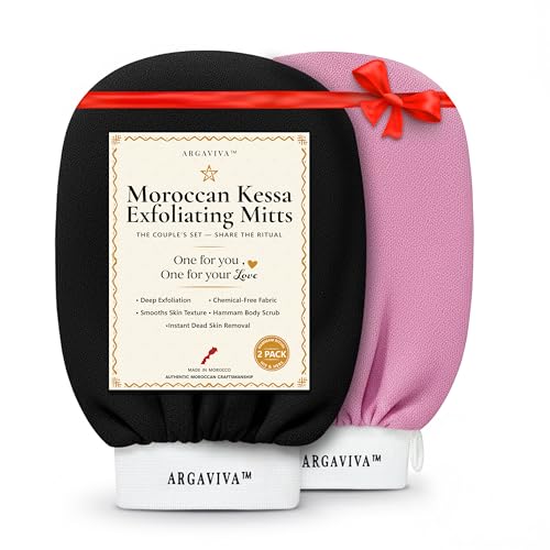 Moroccan Exfoliating Glove for Shower - Kessa Hammam Body Scrub Gloves, Exfoliating Mitt, Bath Mitt - Couple's Spa Set, 2 Pack His and Hers, Pink and Black