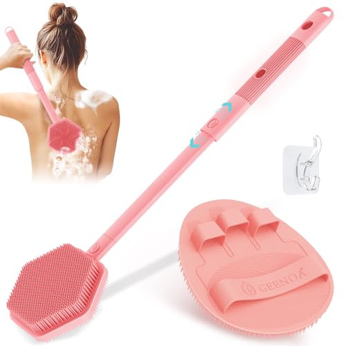 Silicone Back Scrubber & Soft Bath Glove 2PCS, 16''- 21''Extendable Back Scrubber with Dual-Side Large Head, 360° Anti-Slip Hand-fit Silicone Body Scrubber for Rich Foaming Deep Cleaning(Pink) - color: Pink*2