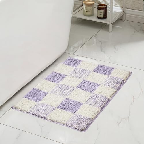 CozeCube Bath mats for Bathroom Non Slip, Fluffy Absorbent Microfiber Bath mat Washable, Aesthetic Bathroom Rugs, Cute Purple Checkered Bath mat, Lavender, 32" x 20" - color: Checkered-lavender, size: 2'8" x 1'8" (Rectangular)