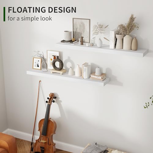 Marsmiles Wood Floating Shelves for Wall Set of 2, 36 Inch Wide Rustic Wooden Floating Shelves, Invisible Wall Mounted Display for Living Room Bedroom Kitchen Bathroom Office, Black - color: Washed White, size: 36Inch, Set of 2, (1-2/5"H)