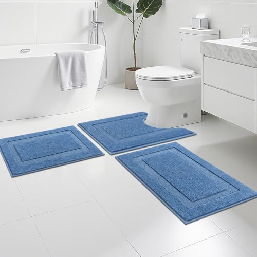 SHACOS Blue Bathroom Rugs Sets 3 Piece Small Bath Mat U Shaped Toilet Rug | 20x32+ 16x24+ 20x24, Soft Fluffy Microfiber Bath Rugs Set, Non Slip Washable Absorbent Bathroom Floor Mats Carpet Shower Rug - color: Blue, size: 16"x24"+ 20"x32"+U Shape 20"x24"