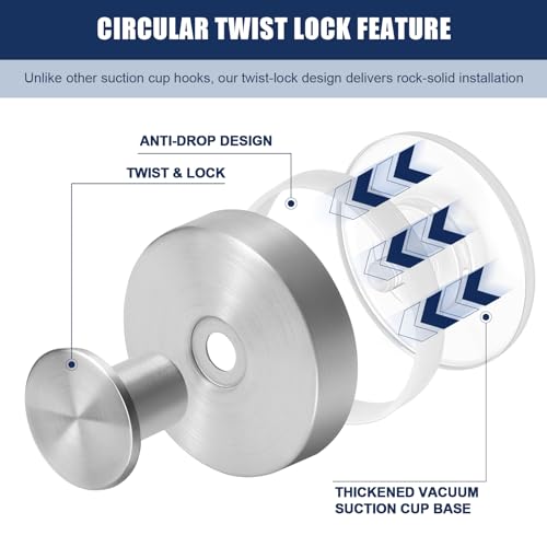 Silver Waterproof Suction Cup Hooks, 8-Pack Heavy Duty Stainless Steel No Drill Shower Hooks for Hanging Towels, Robes, Loofahs, Holder Holds Strong on Tile, Glass, Mirror, Wall, Bathroom Door - color: silver-8pcs