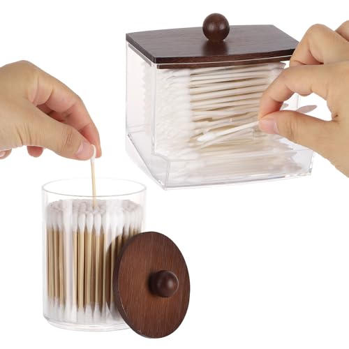 Tbestmax Qtips Holder Dispenser, 10 Cotton Ball/Swabs Storage Containers, Apothecary Jars for Bathroom Organizer Bambooo Lids - color: Group A-red brown