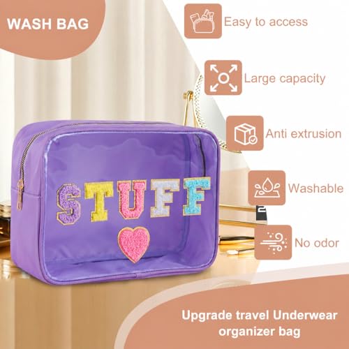Clear Waterproof Stuff Makeup Bag, Large Capacity Travel Cosmetic Pouch | Transparent PVC Nylon Bag with Chenille Letters for Girls, Women, Beach & Travel - style: Large Size Stuff