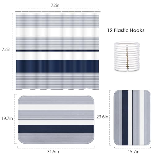 ArtSocket Navy Blue Striped Bathroom Set with Shower Curtain and Bath Rugs and Accessories,Boho Modern Non-Slip Shower Curtain Set,Bathroom Decor 3 Pcs - color: Navy Blue Striped