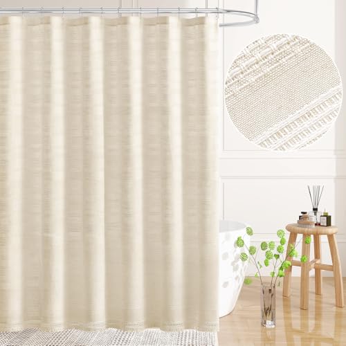 Long Boho Farmhouse Shower Curtain Set with Tassel, Linen Bohemian French Country Chic Bathroom Shower Curtain Set, Modern Striped Textured Shower Curtain 72x78 - Beige/Cream - color: Beige, size: 72"W x 78"L (Pack of 1)