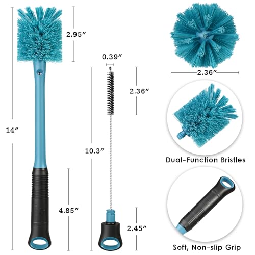 MOSOLAN 2-in-1 Water Bottle Brush and Straw Cleaner Brush, Long Handle Scrub Brush with Replaceable Head for Water Bottles, Glasswares, Mugs, Flasks, Tumblers and Kitchen Sink, Smokey Blue, 1 Pack - color: Smokey Blue, size: 1 Count (Pack of 1)