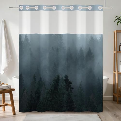 No Hook Forest Shower Curtain with Snap in Liner Set 71x74 Inch | Waterproof Fabric Shower Curtain with Mesh Top Window, Misty Pine Tree Landscape Bath Curtain, Nature Woodland Bath Decor - color: Forest
