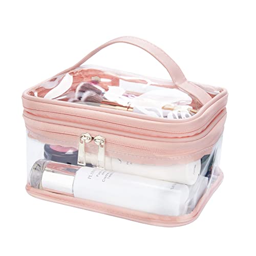 Double Layer Clear Cosmetic Bag Makeup Bag, Waterproof Travel Toiletry Bag, Transparent PVC Hair & Nail Accessories Pouch Beach Bag Organizer (Pink) - color: Pink