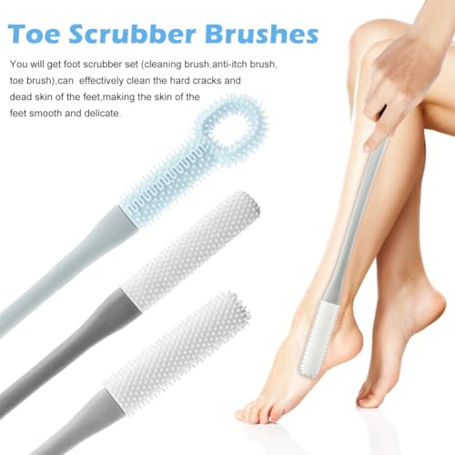 CALIDAKA 3 Pack Toe Scrubber Brush,with 15.75" Long Handle Silicone Shower Foot Scrubber,Toe Cleaning Brush,No Bending to Remove The Dead Skin of The Feet,for Elderly, Pregnant Women