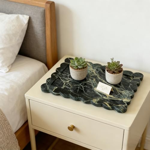 Real Natural Green Marble Tray, Luxury Scalloped Marble Tray, Decorative Rectangle Marble Tray for Vanity Bathroom Kitchen Coffee Table Jewelry Perfume Home Decor - color: Verde Guatemala
