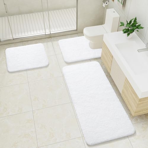 LOCHAS Bathroom Rugs Sets 3 Piece, Microfiber Long Bath Rug Set Non Slip Washable, Shaggy Toilet Rug Set Absorbent, Soft Cozy Bath Mat Set Quick Dry, White - color: White, size: 48" x 20" + 24" x 17" + U Shape 24" x 20"