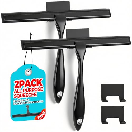 ALFLOD 2pcs Shower Squeegee for Glass Doors with Adhesive Hanging Hook Set | 10” black, bathroom accessories, window cleaner, new home essentials, soft rubber blade, metal handle, ergonomic grip - color: Black, size: 10 Inch