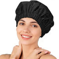 Reusable Shower Cap for Women – Large Waterproof Satin Shower Bonnet for Long, Curly & Braided Hair, Washable Bath Hair Cover, Black - color: Black
