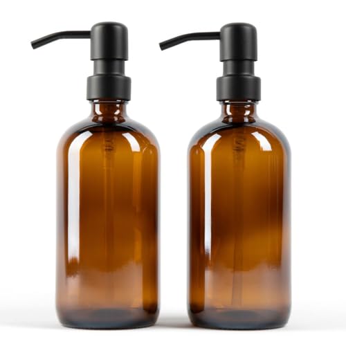 Essentra Home Two 16 oz. Glass Soap Dispensers with Black Pump for Kitchen Sinks, Bathroom Countertop, Shower Refillable Bottles – Waterproof Labels and Foldable Silicon Funnel Included (Amber)