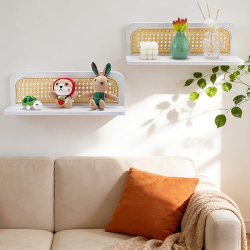 PH PandaHall 2 Sets Boho Rattan Floating Shelves Rattan Wall Shelf, White Wood Boho Shelf Decor Floating Book Shelves for Bathroom Kitchen Bedroom Living Room Classroom, Plant Figurines Display