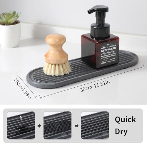 2PCS Water Absorbing Stone Tray, Fast Drying Diatomite Stone Sink Tray for Bathroom Sink & Kitchen Counter Faucet Organizer, Soap Dish Dispenser Vanity Organizer,Dark Grey-11.8"x4" - color: Dark Grey-2p