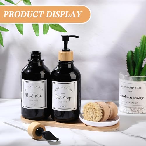 Zopeal 4 Pcs 16 oz Kitchen Soap Dispenser Set with Bamboo Tray and Dish Brush Plastic Soap Dispenser Set with Waterproof Labels for Hand Dish Lotion(Black) - color: Black