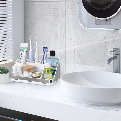 GFWARE Toothbrush Holders for Bathrooms Countertop Organizer - Kids Electric Toothbrush and Toothpaste Holder Detachable 7 Slots Tooth Brush Organization Bathroom Accessories Storage Vanity, Silver - color: Silver