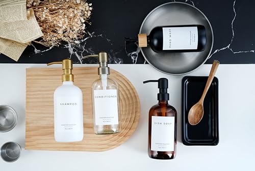 Emerson Essentials Dish Soap Dispenser for Kitchen, Dispenser Bathroom Set, Hand Soap Dispenser, Hand Wash and Dish Soap Set - Glass Dispenser with Pump and Labels - color: 03 – Black / Polished Gold