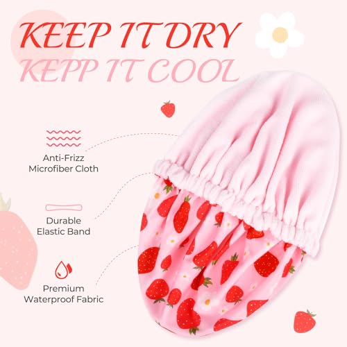 Shower Cap for Women Terry Lined Bath Cap Large Reusable Waterproof Elastic Band Pink Strawberry Shower Caps for Long Thick Hair Soft Bath Shower Hair Caps - color: Pink Strawberry Flowers
