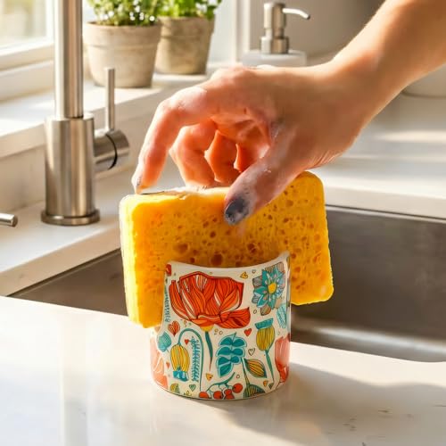 Kitchen Sink Sponge Holder, Dish Sponge Rack Cute Ceramic Brush Holder Farmhouse Kitchen Decor, Floral Dish Rack for Brush, Scrubbers, Bathroom, Sink (Red-Flower) - color: Red-Flower