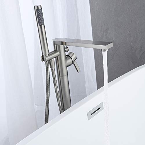 Wowkk Freestanding Bathtub Faucet Tub Filler Brushed Nickel Floor Mount Brass Single Handle Bathroom Faucets with Hand Shower - color: Brushed Nickel, style: Classic