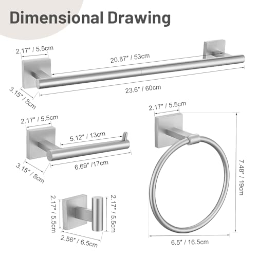 10 Pieces Bathroom Hardware Set Brushed Nickel Towel Bar Set Includes 23.6” Towel Bar, Towel Ring Holder, Toilet Paper Holder and Two Towel Hooks, Bathroom Accessories Set SUS304 Wall Mounted - color: Brushed Nickel, size: 10 Pieces - Extended