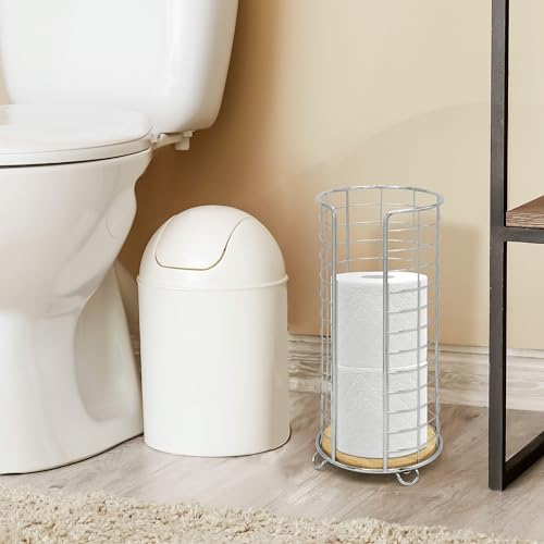 BROOKSTONE, Stylish Toilet Paper Holder with Bamboo Base, Freestanding Bathroom Tissue Organizer, Minimalistic Storage Solution, Modern Trending Design [Holds Large Rolls], Chrome… - color: Chrom/Bamboo