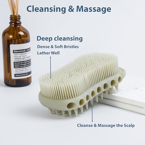 MtBoi Double-Sided Exfoliating Silicone Body Scrubber, 2-in-1 Bath Scrubber, Shampoo Brush, Silicone Loofah for All Skin Types, Shower Body Scrubber, Easy to Clean, Lather Well (Gray) - color: Gray