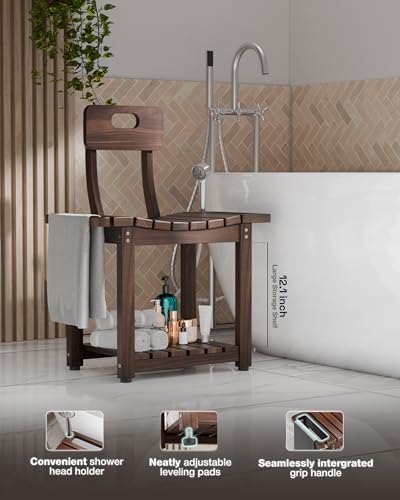 BLUEWEST 23.4'' Shower Chair with Backrest Bath Chair for Inside Shower or Tub, Heavy Duty 450 lbs Support, Non-Slip Feet, Shelf Storage, Built-in Handles for Elderly or Adults (Acacia) - color: Walnut