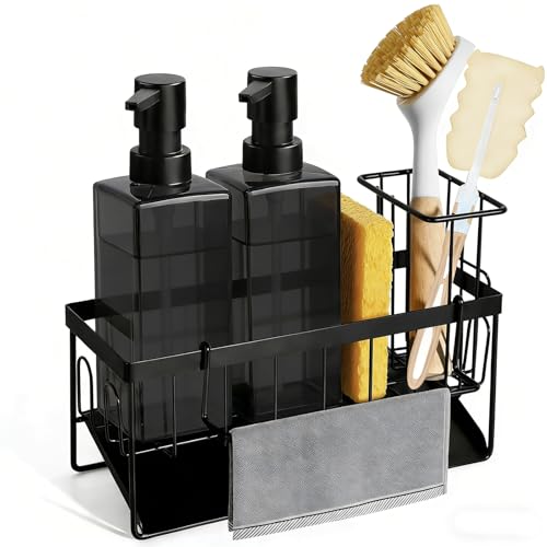 GMISUN Dish Soap Dispenser for Kitchen, 12 fl oz / 350 ml Dual Kitchen Soap Dispensers with Sponge Holder, Transparent Black Glass Kitchen Soap Dispenser Set, Modern Hand and Dish Soap Bottle Set - color: Clear Black Bottle + Black Rack