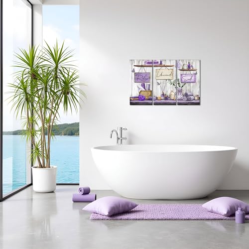sechars Bathroom Wall Art Relax Unwind Soak Signs Canvas Prints Lavender Spa Decor, 8x16 Inches Each, Framed (Purple) - color: Purple
