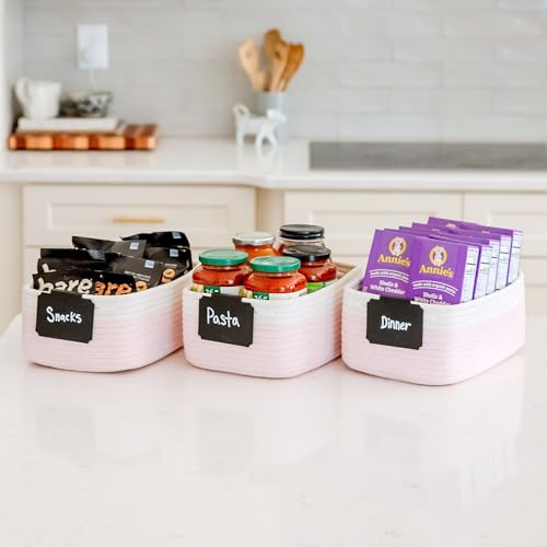 NaturalCozy 11.8"x8"x4.5” Rectangle Storage Baskets for Shelves 3 Pack | Cotton Rope Woven Small Baskets for Organizing | Small Storage Bins for Nursery, Bathroom, Closet, Shelf, Decorative, Gift - color: Off White & Mixed Pink, size: 11.8" x 8" x 4.5"