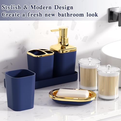 XLHOMO Blue and Gold Bathroom Accessories Set, Bathroom Sets with Shower Curtain, Blue Bathroom Accessories with Trash Can, Soap Dispenser, Soap Dish, Toilet Brush Holder, Qtip Holders for Bathroom - color: Plaid Blue & Gold, size: Complete Set