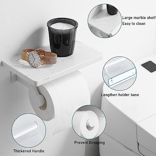Hoimpro White Aluminum Toilet Paper Holder with White Natural Marble Shelf, Wall Mounted Tissue Hand Paper Roll Storage Holder for Bathroom Kitchen Washroom Bedroom - color: White