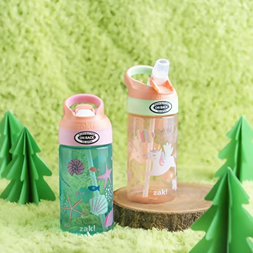 Zak Designs 16oz Riverside Kids Water Bottle with Spout Cover and Built-in Carrying Loop, Made of Durable Plastic, Leak-Proof Water Bottle Design for Travel (Unicorn & Shells, Pack of 2) - color: Unicorn & Shells