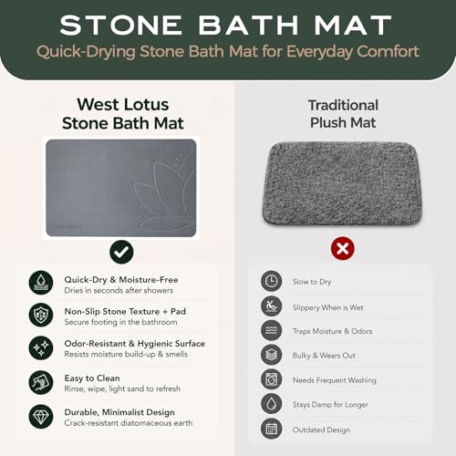 Stone Bath Mat for Bathroom – Diatomaceous Earth Bath Mat, Quick Dry Bathroom Stone Mat, Non Slip Bath Stone Mat 23.6”×15.4” | West Lotus by JapandiSpirit - color: West Lotus