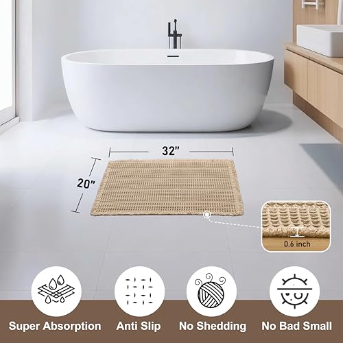 JIUZHEN Waffle Bath Mat Rug Super Absorbent Bath Mats for Bathroom Mat Non Slip Bathmat Machine Washable Soft Bathroom Rugs with Tassels Dry Fast Bath Rugs for Floor, 20" x 32", Strip-Brown - color: Strip-brown, size: 1'8" x 2'8" (Rectangular)