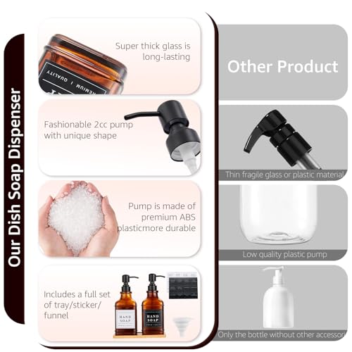 Amber Glass Soap Dispenser with Pump,Tray,Funnel, Countertop Soap and Lotion Dispenser Set of 2 with 60 Stickers, Dish and Hand Soap Dispenser Bottle for Kitchen,Bathroom,Shower,500ml/16.9oz - color: Blk-5070-2b