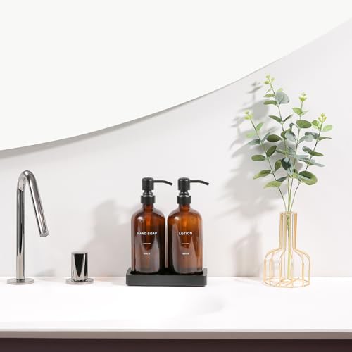 Prus Waso Amber Glass Soap Dispenser Set, Hand Soap and Lotion Set with Black Stainless Steel Pump, Perfect for Modern Bathroom Decor. (Amber) - color: Black Pump & Amber Bottle