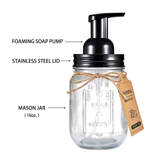 Amolliar Mason Jar Foaming Soap Dispenser, Rustproof Stainless Steel Lid,BPA Free Pump, Waterproof Labels, Rustic Farmhouse Decor, Refill Hand Soap Dispenser for Bathroom, Vanity, Kitchen, Countertop - color: Black, size: 1 Pack