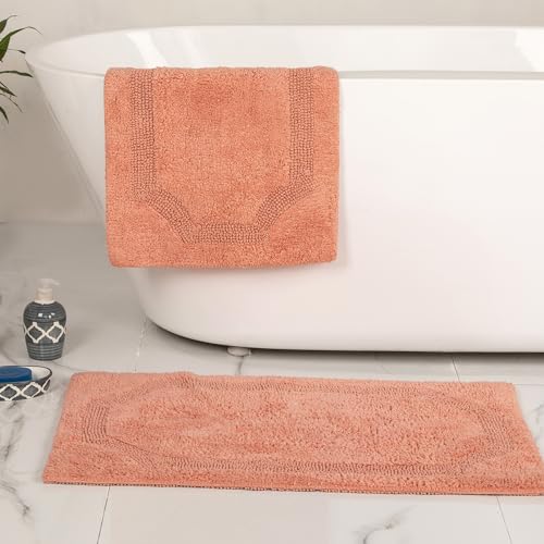 voyzz home Set of 2 Reversible Bath Rug 20x32 inch -17x24 inch | 100% Cotton Hand Tufted Soft & Absorbent Bath Mat|Washable Quick Dry Shaggy Shower Mat | Non-Slip Mordern Bathroom Decor | Peach… - color: Peach Shaggy Set of 2 20x32-17x24